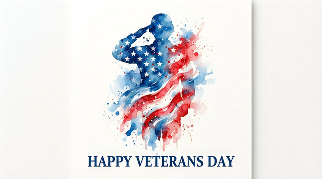 Watercolor illustration of saluting soldier silhouette for veterans day celebration.