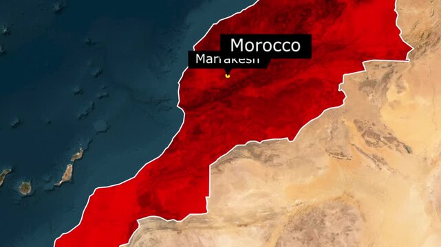 Satellite view map of morocco highlighting the country and the location of marrakesh
