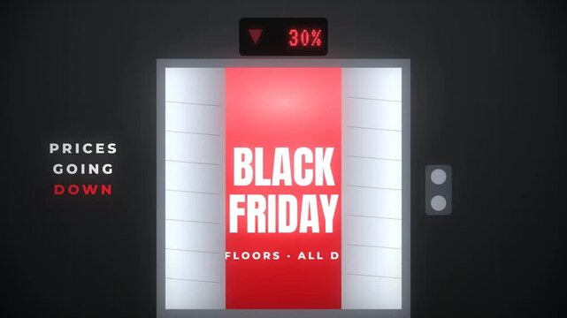 Black Friday Sale Elevator Showing Prices Going Down with Percentage Indicators