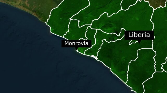 Satellite map view showing the coastline and borders of liberia with the capital city monrovia
