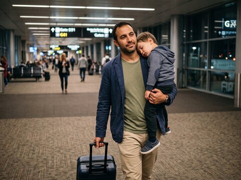 Padre cargando a su hijo dormido en un aeropuerto