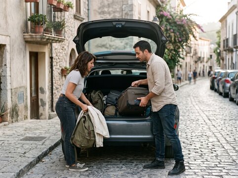 Pareja cargando equipaje en un autom&oacute;vil antes de un viaje