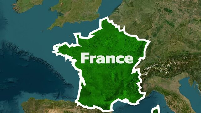 Map of france highlighted over satellite view of europe with capital city paris label