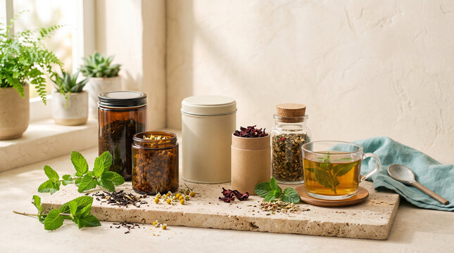 natural tea packaging mockup with dried herbs and hot beverage