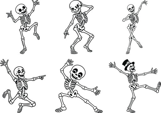 Set of cartoon skeletons in various dancing poses