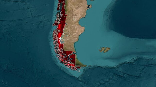 Satellite map view of the strait of magellan and the southernmost region of chile with magellan