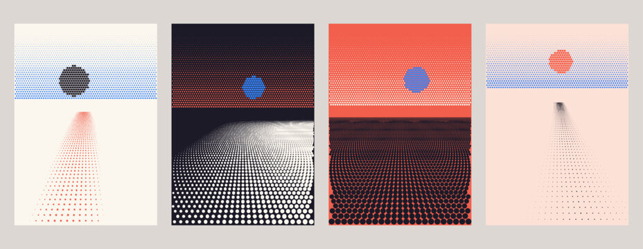 Perspective Floor halftone dot backgrounds with radial glow, pulse bands, rolling hills and twin lobes patterns in tomato, azure and cream