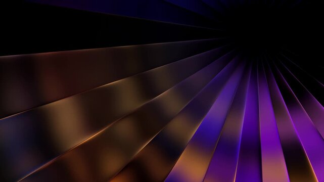 3D Glass gradient Curved Radial Fan Slabs Seamless Loop Video, Abstract Futuristic Ribbed Glass Wave Motion Graphics, Glowing Purple Amber Light Refraction. Sweeping arrangement of curved fluted glass