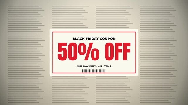 Black Friday coupon 50 percent off with scissors cutting the coupon and a barcode for one day only