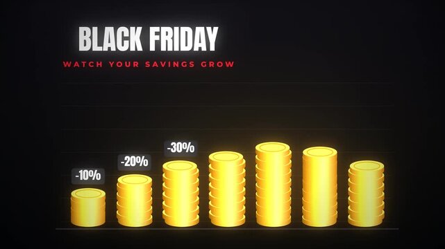 Black Friday savings growth represented by rising stacks of gold coins with discount percentages