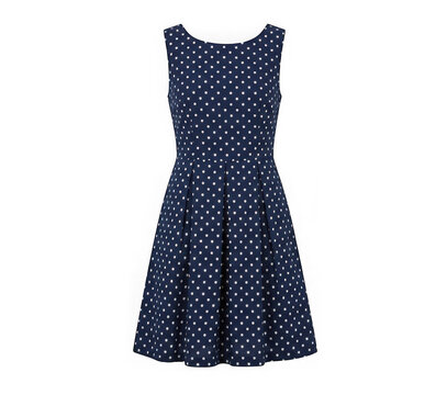 Classic sleeveless navy blue dress with white polka dot pattern isolated on transparent background