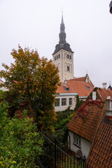 Fototapeta premium Tallinn, Estonia - October 2, 2026: A church tower above red tiled roofs and autumn foliage in Tallinn Old Town.