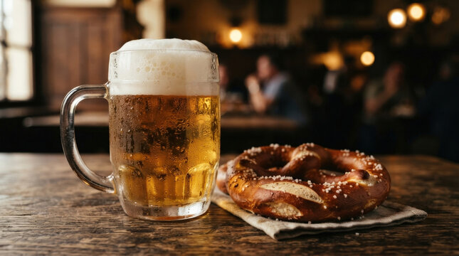 Chilled glass mug of beer with condensation and frothy head served with soft salted pretzel on wooden table in dimly lit bar.
