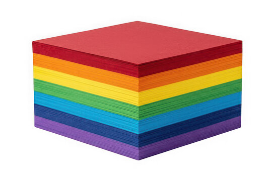 A stack of colorful paper sheets arranged in a rainbow gradient pattern, isolated on transparent background