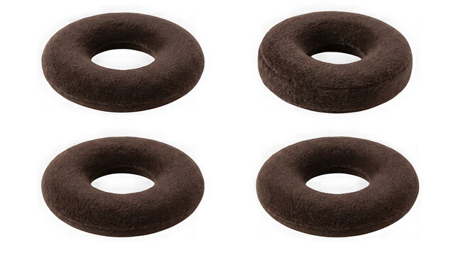 Four brown felt donut shaped rings isolated on transparent background