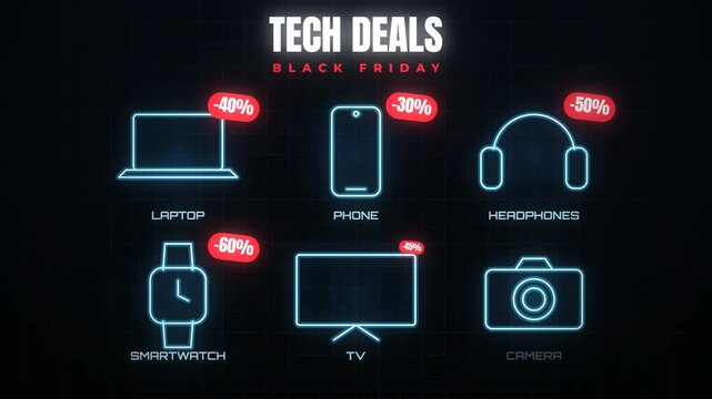 Black Friday Tech Deals Neon Icons Showing Discounts on Laptop Phone Headphones Smartwatch TV Camera