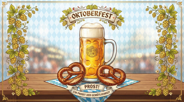 Decorative oktoberfest graphic poster with large beer mug two pretzels and hop vine borders on blue diamond pattern background.