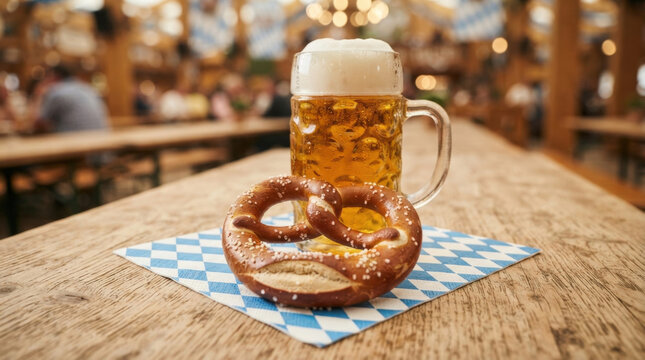 Frothy beer in glass tankard with salted pretzel on diamond pattern napkin for festive german celebration in public house hall.