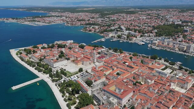 Aerial view of the Old Town of Zadar, Croatia. Aerial shot of Zadar old town, famous tourist attraction in Croatia. City of Zadar historic peninsula roman architecture aerial view, Croatia