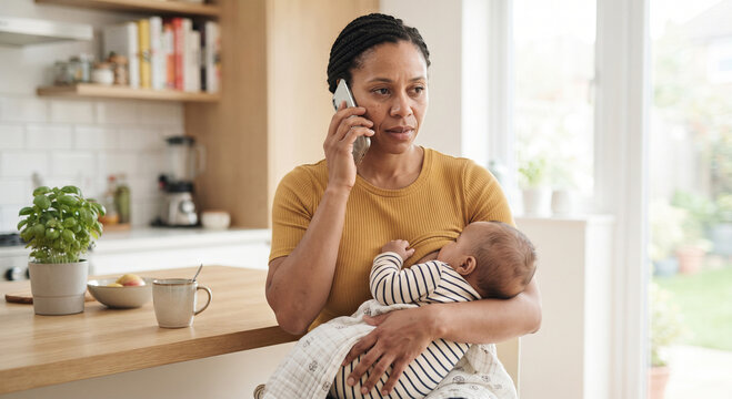 Mother breastfeeding her newborn baby while talking on a smartphone in the kitchen