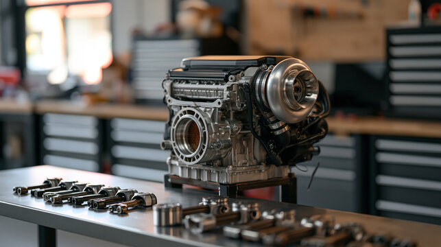 A turbocharged four cylinder engine mounted on a stand mid rebuild, pistons and connecting rods laid out on a steel workbench in a professional automotive workshop with tool