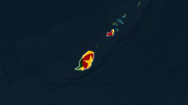Grenada island nation map with flag overlay digital motion footage