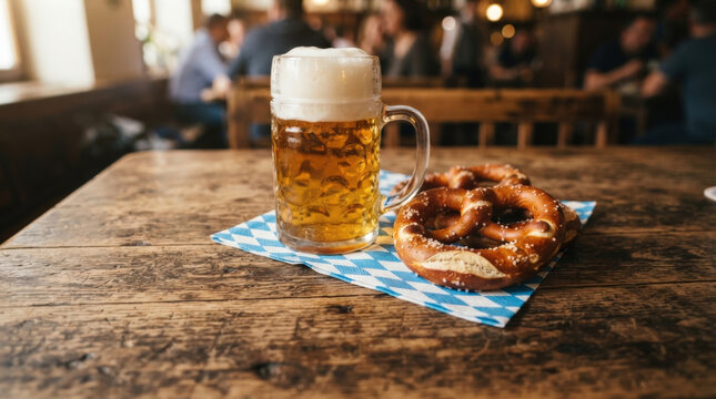 Large glass beer mug with golden ale and salty soft pretzel on blue diamond pattern napkin for german octoberfest tavern feast.