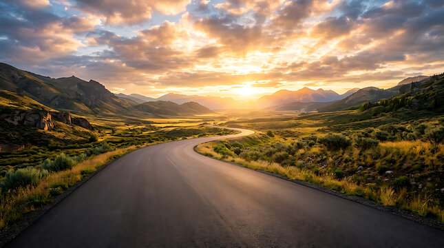 Scenic road leading toward sunset in open landscape with mountains