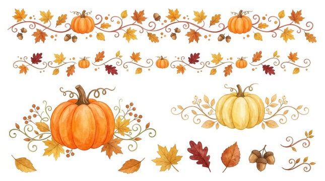 Watercolor autumn illustration set containing pumpkins and colorful maple leaves with decorative vine borders on white background.
