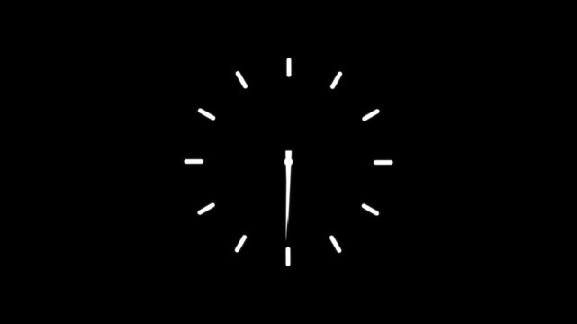 Minimalist white clock face on black background with hour and minute hands ticking time passing concept. Animation of 4k video.