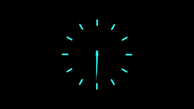 Minimalist white clock face on black background with hour and minute hands ticking time passing concept. Animation of 4k video.