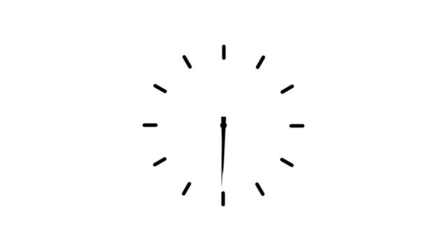 Minimalist white clock face on black background with hour and minute hands ticking time passing concept. Animation of 4k video.