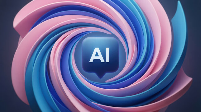 Abstract swirling vortex of pink and blue ribbons around AI symbol for creative design and futuristic communication concept.