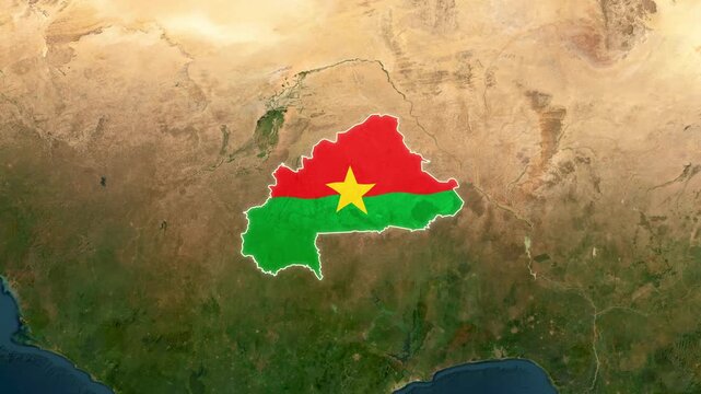 Burkina Faso map flag overlay on satellite earth animation video footage