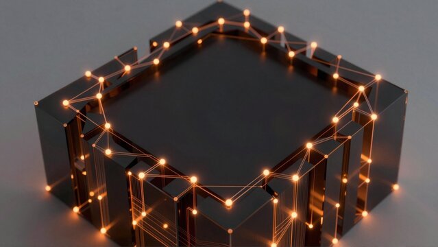 rendering hexagon shaped object black background hexagon multiple interconnected lines dots creating network like pattern lines connected way creates sense depth dimension dots orange color appear