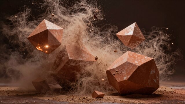 three large irregularly shaped objects appear reddish brown material objects arranged triangular formation largest object center two smaller ones either side surrounded cloud white smoke dust