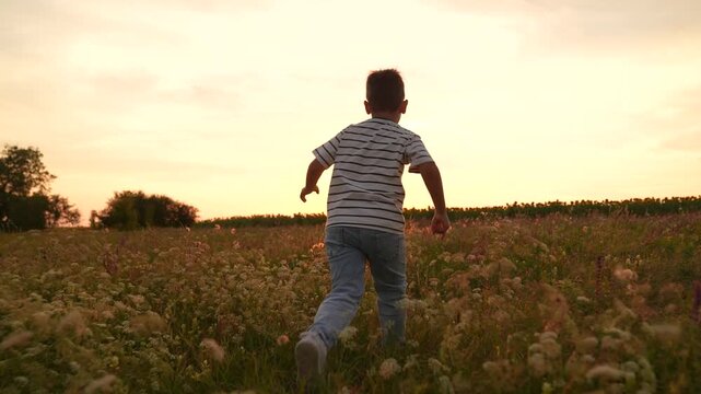 Boy running in the field at sunset, Child enjoying nature during golden hour, Kid exploring meadow in summer evening, Carefree childhood in the countryside, Adventure in wildflowers at dusk, Young boy