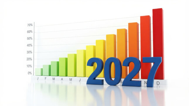 Bar chart showing progressive growth with year 2027 colored in gradients on white background for financial reports presentation.