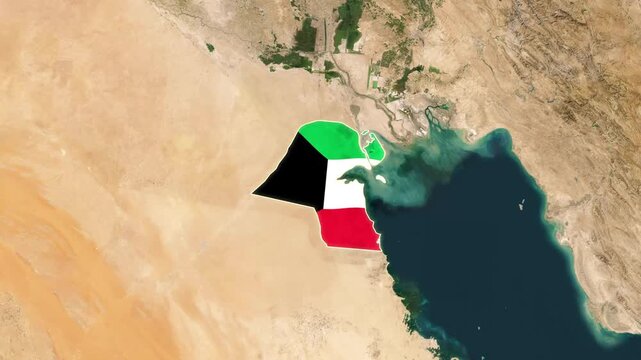 Kuwait national flag animated over satellite map motion video footage
