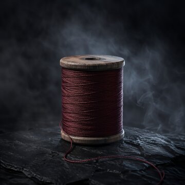 Spool of dark red thread on wooden bobbin. Sewing thread on rough slate stone with smoke mist background