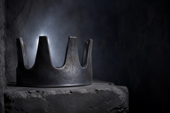 Medieval iron crown resting on rough stone shelf. Dark fantasy royal coronet in dimly lit stone chamber