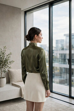 Elegant modern woman from back view looking at panoramic window in minimalist luxury apartment, wearing shiny olive green satin high-neck shirt and soft creamy off-white mini skirt, professional