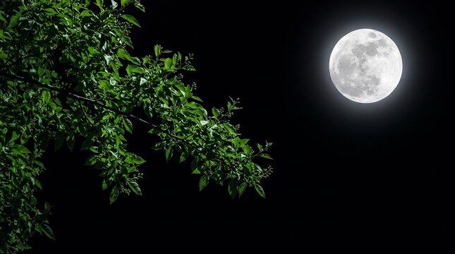 Full Moon Shining Over Green Tree Branches on a Dark Night