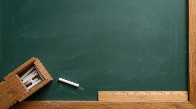 Empty green chalkboard with wooden frame and chalk box for school education