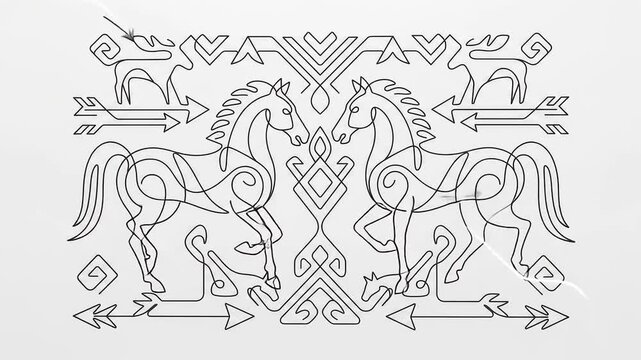 Symmetrical Horse Motif with Geometric and Animal Motifs