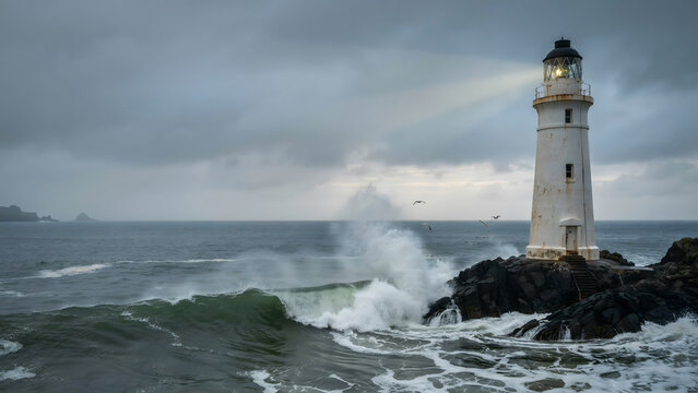 A white lighthouse standing on dark rocks amidst a stormy sea with crashing waves under a dark, overcast, and moody grey sky during the daytime
