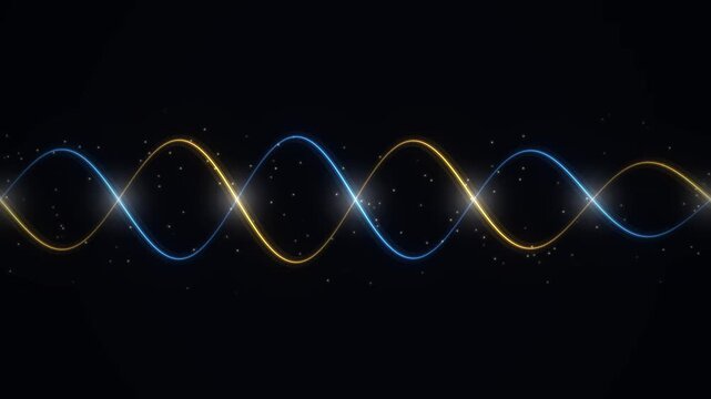 Abstract blue and gold glowing DNA helix structure with particles on black background representing science and technology