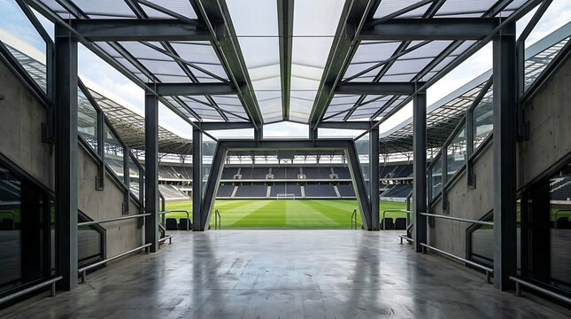 Modern stadium interior with steel structure and green grass field view from the entrance tunnel under a large glass roof