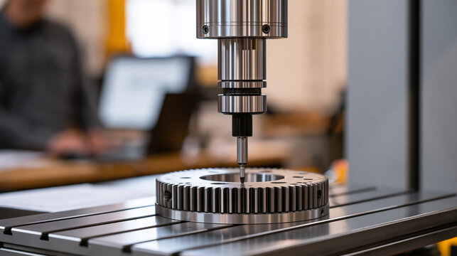 CNC coordinate measuring machine inspecting a precision metal gear, probe positioned near machined teeth, quality control, dimensional measurement, precision engineering,