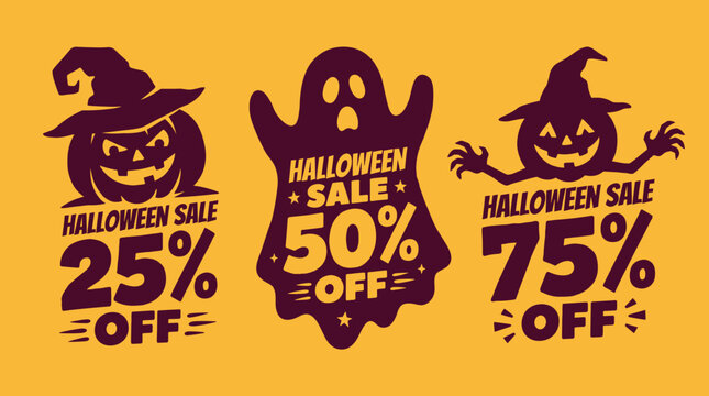 Halloween sale discount badges set with jack o lantern pumpkin wearing witch hat ghost silhouette and 25 percent 50 percent 75 percent off special offer labels, Fully Organized Layers